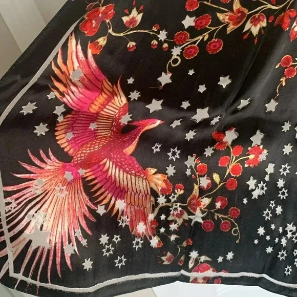 Nanette Lepore 100% silk scarf, dark gray with floral and bird print - Picture 2 of 8